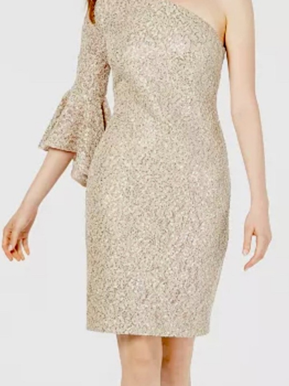 Calvin Klein Gold Sequin Lace One Bell Sleeve Midi Cocktail Dress